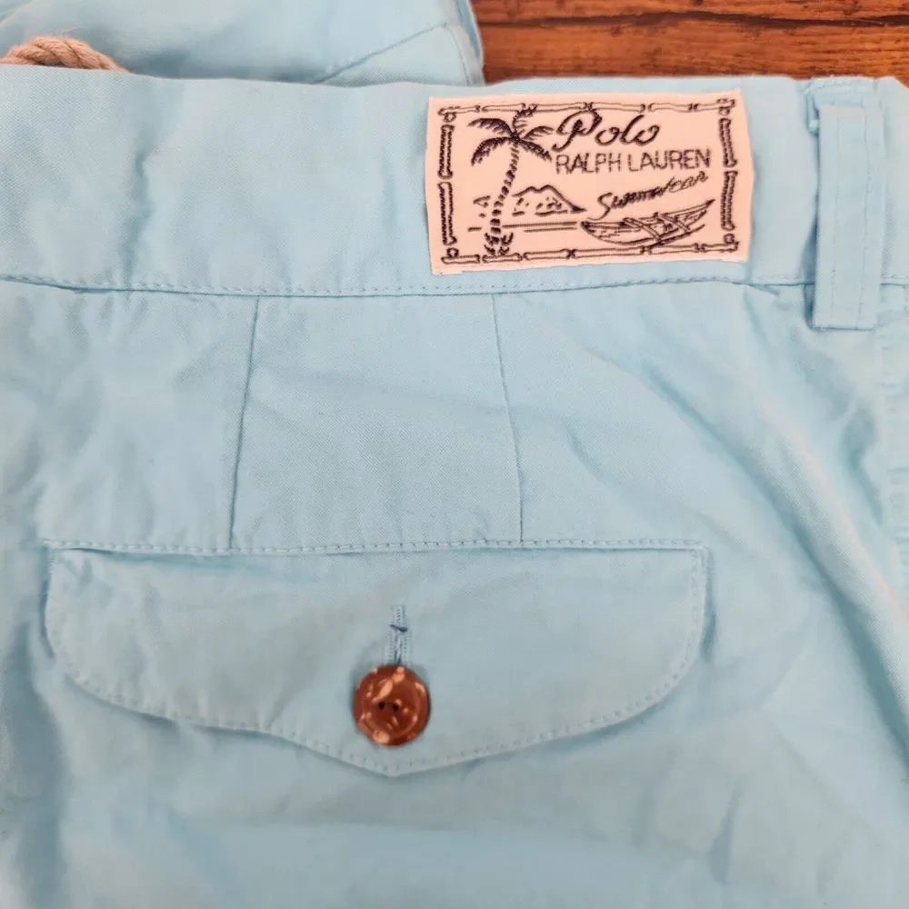 Polo Ralph Lauren Swimwear Boardshorts Light Blue Wood Button Rope Drawstring 34